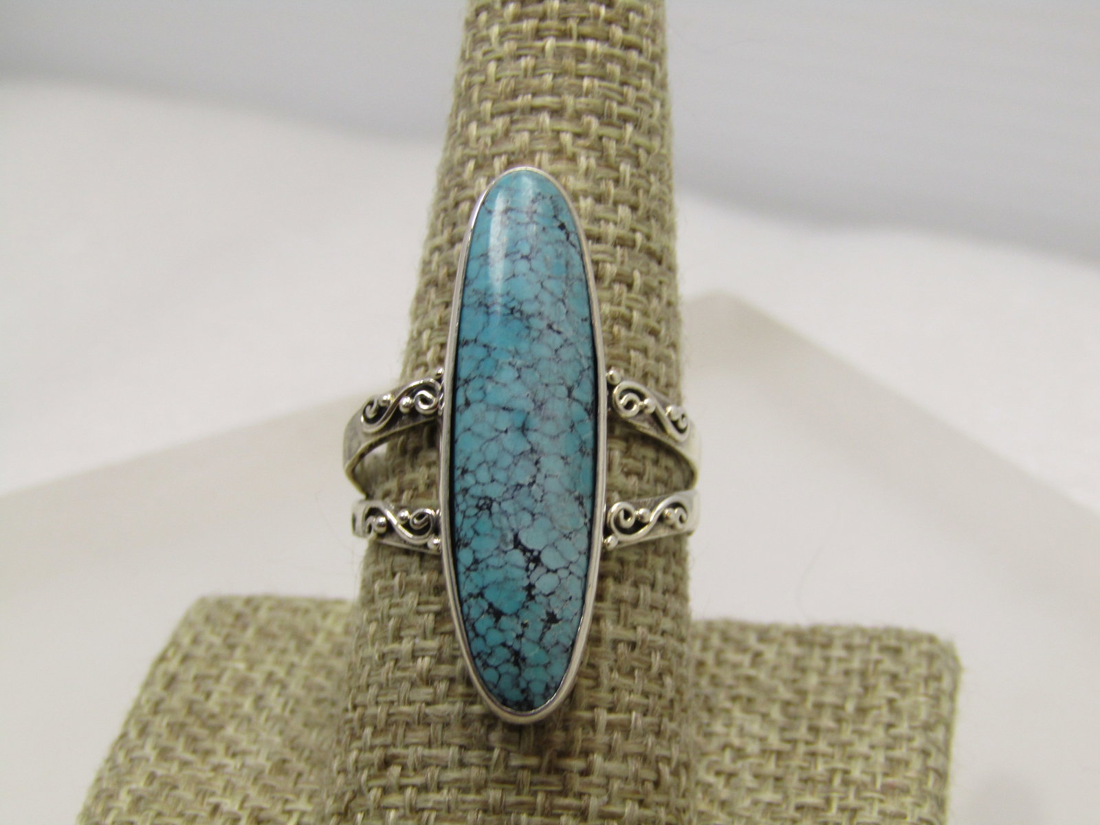 Sterling Scrolled Turquoise Ring, Sz. 10, 1990's - 2