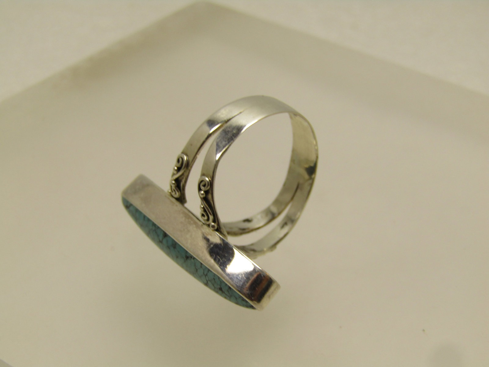 Sterling Scrolled Turquoise Ring, Sz. 10, 1990's - 4