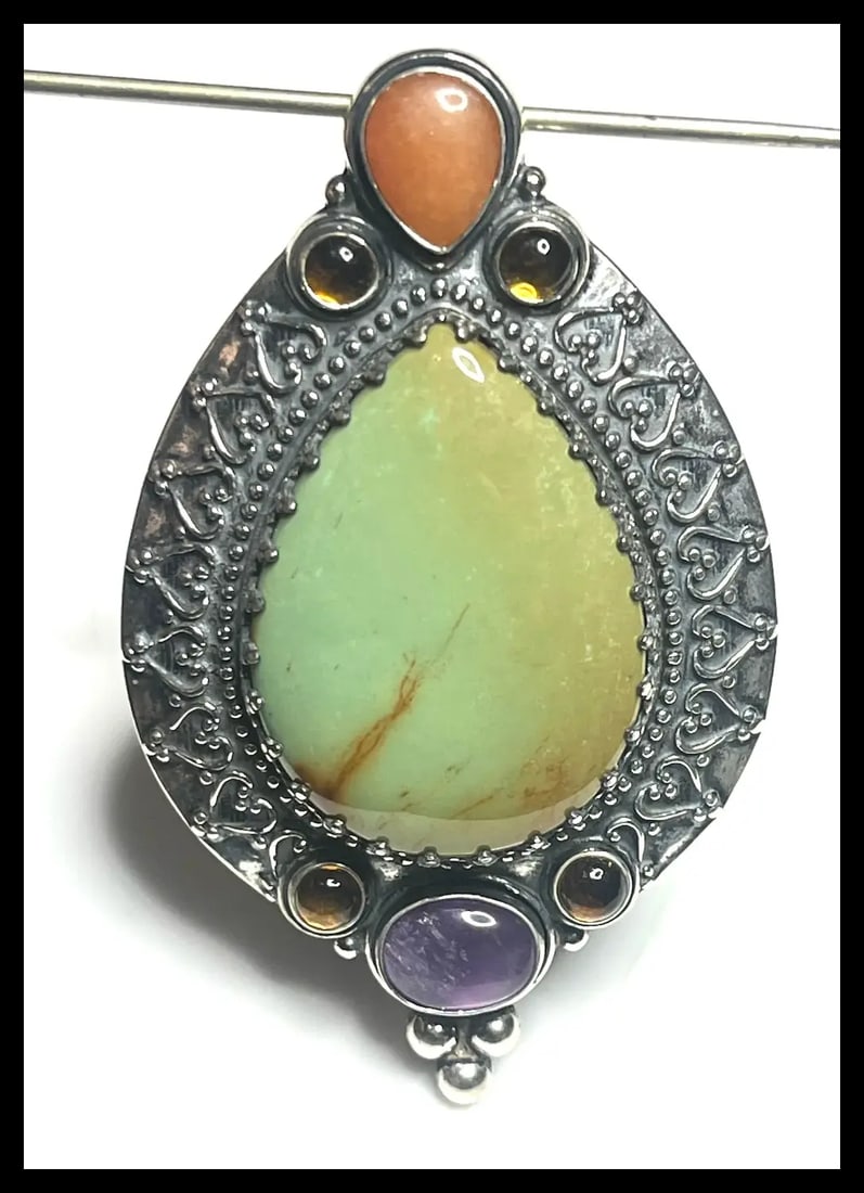 Estate Carolyn Pollack Sterling Silver Turquoise Amethyst Carnelian Enhancer Pendant - 2