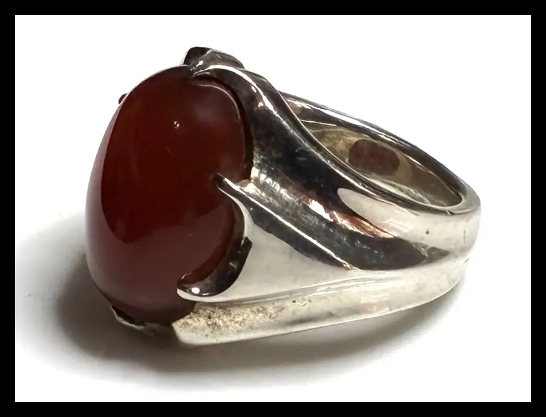 Estate Natural Red Agate Stone Sterling Silver Ring - 3