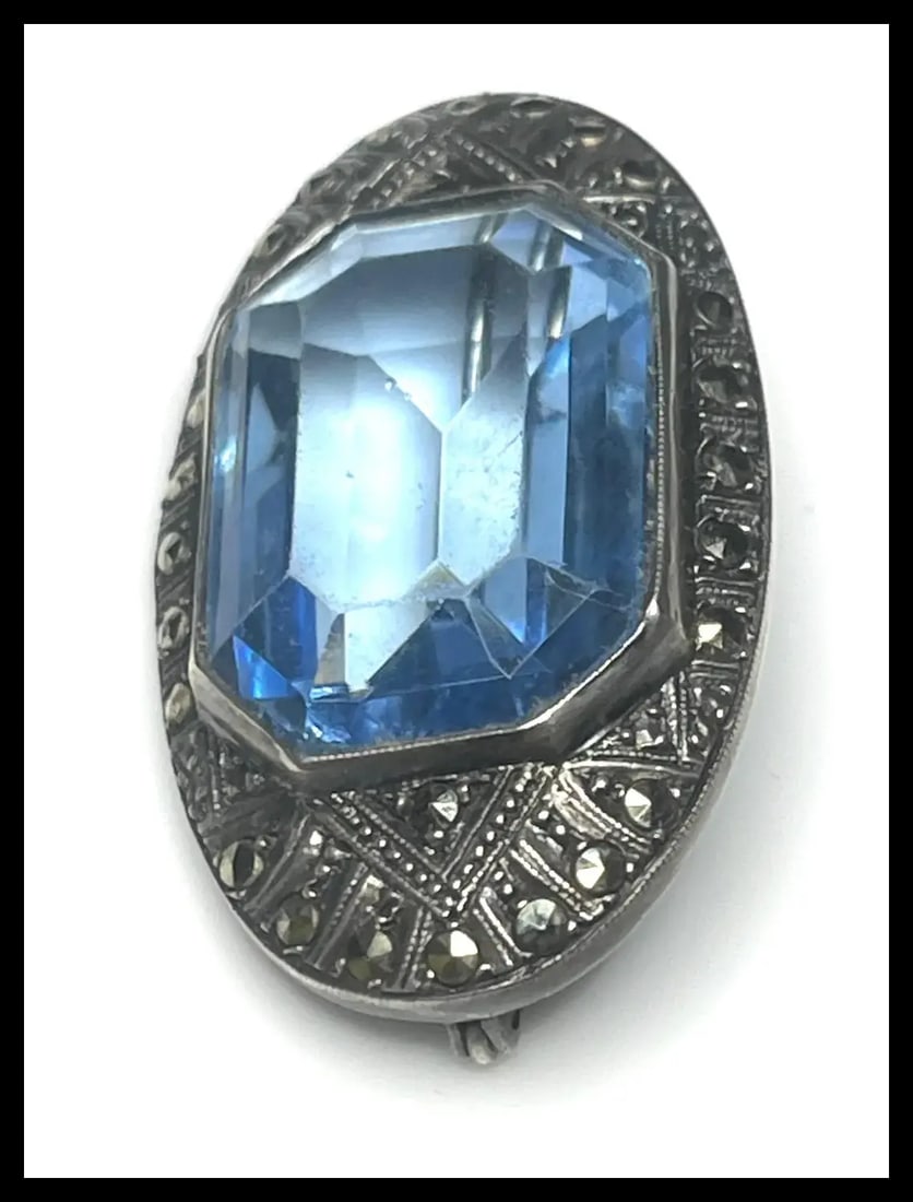 Vintage Art Deco Sterling Silver, Marcasite, and Blue Crystal Brooch-Germany - 4