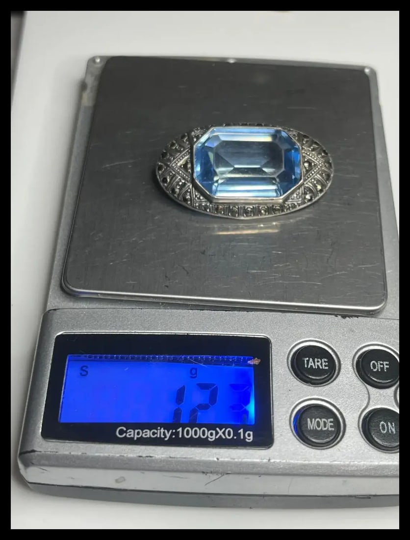 Vintage Art Deco Sterling Silver, Marcasite, and Blue Crystal Brooch-Germany - 8