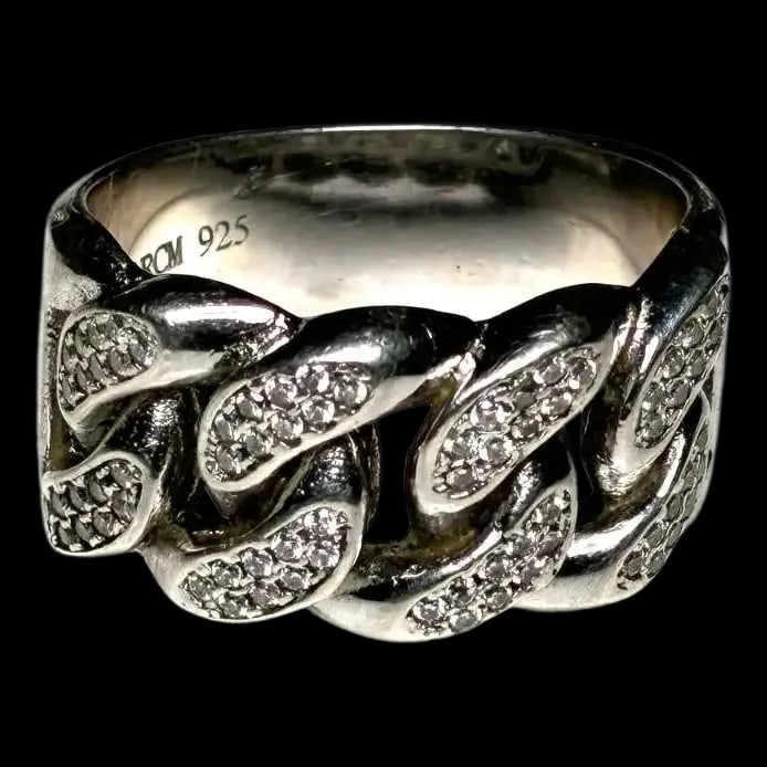 Estate Cuban Link Sterling Silver Moissanite Pave Ring: Title: Estate Cuban Link Sterling Silver Moissanite Pave Ring Description: Estate Cuban Link Sterling Silver Moissanite Pave Ring Hallmarked: RCM 925 Weighs: 11 grams Measures: US Ring Size 12