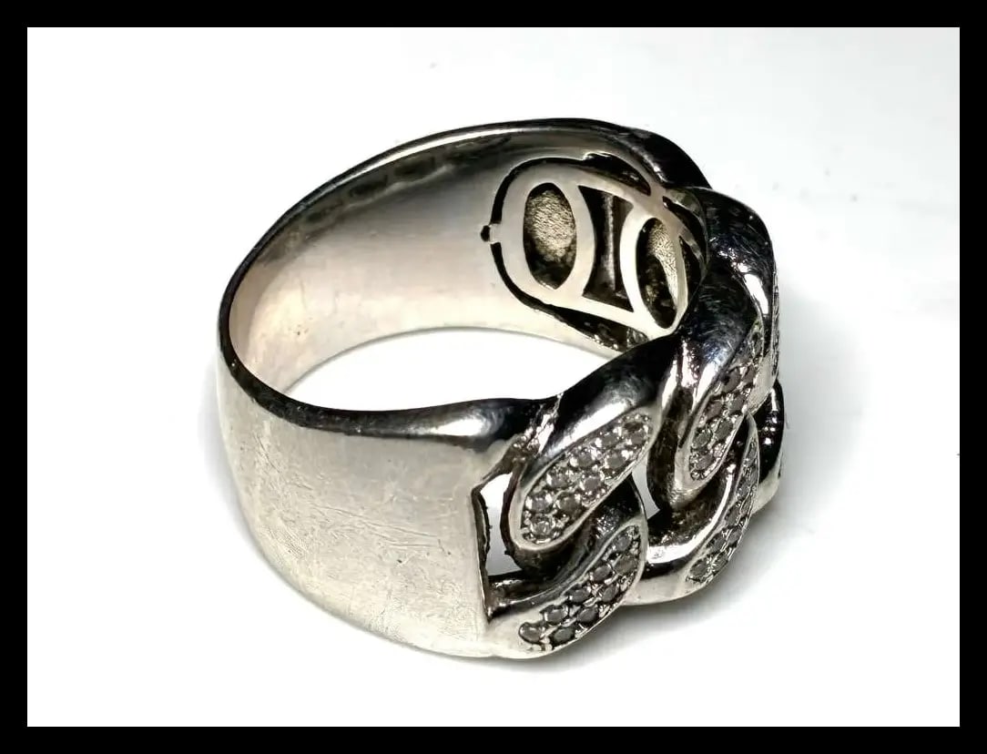 Estate Cuban Link Sterling Silver Moissanite Pave Ring - 6