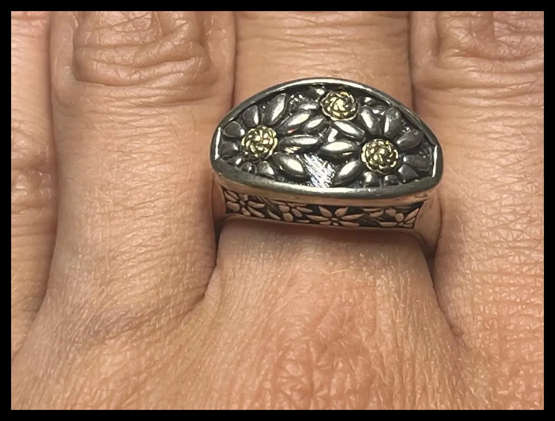Vintage ANN KING Two Tone Sterling Silver & 18K Yellow Gold Daisy Flower Ring - 7