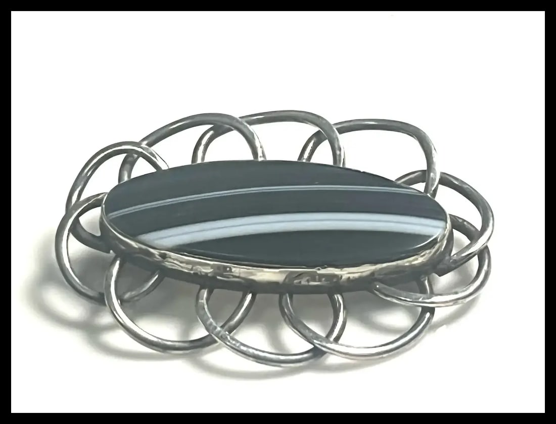 Vintage Erling Sterling Silver Agate Brooch - 2