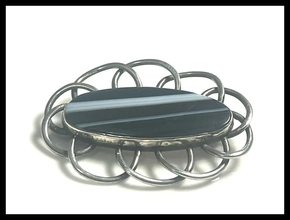 Vintage Erling Sterling Silver Agate Brooch - 3