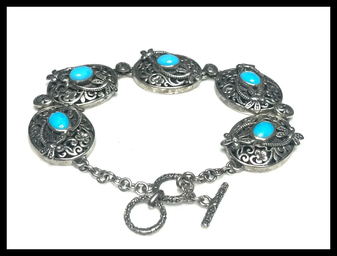 Estate Bali Legacy Sleeping Beauty Sterling Silver Turquoise Dragonfly Toggle Clasp Bracelet - 3