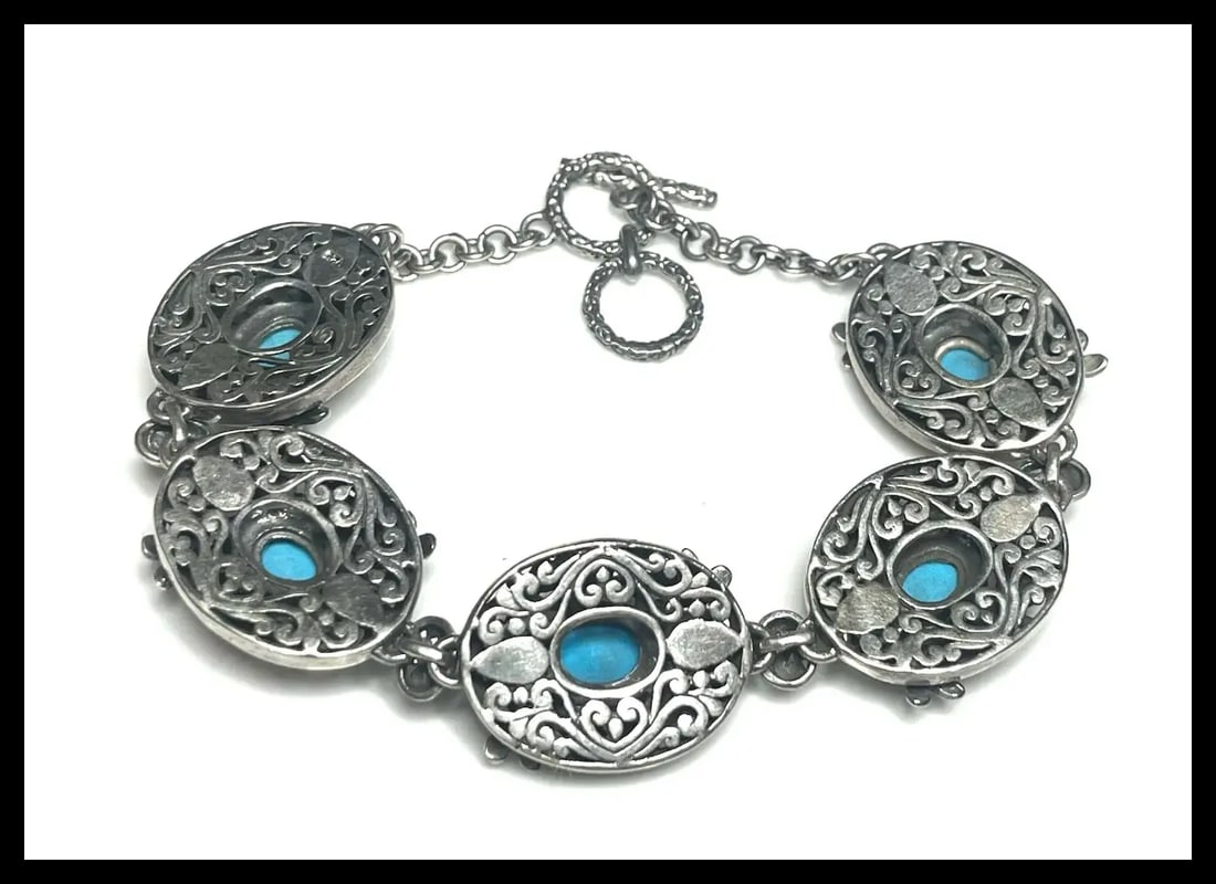 Estate Bali Legacy Sleeping Beauty Sterling Silver Turquoise Dragonfly Toggle Clasp Bracelet - 5