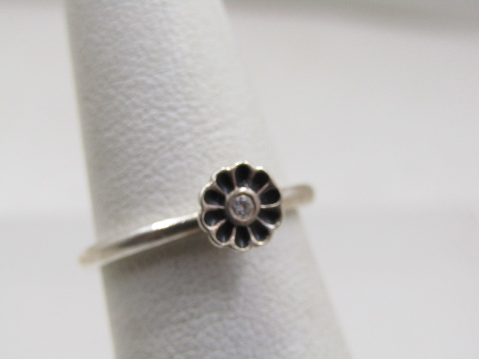 Vintage Sterling Enameled CZ Blossom Ring, Sz. 5.5, Signed - 2