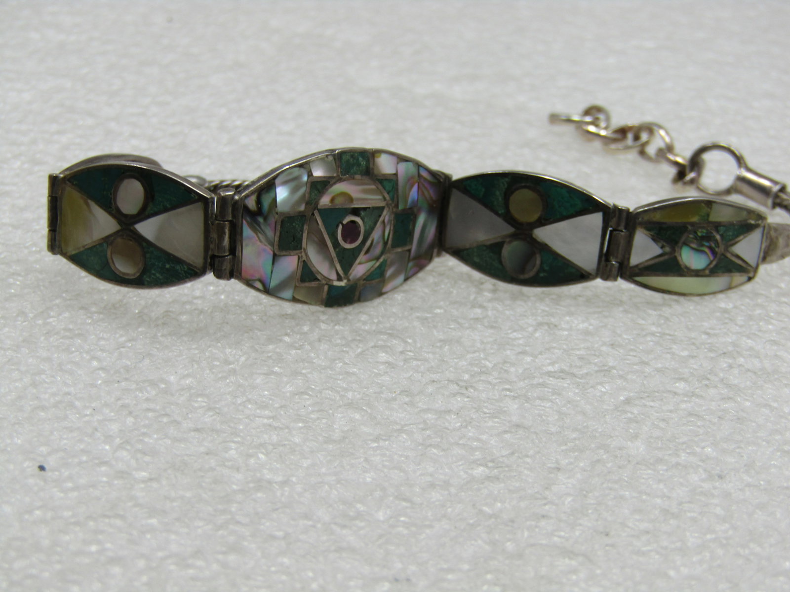 Vintage .950 Silver Southwestern Inlaid Sugalite, Marcasite, MOP, Abalone Bracelet, - 2