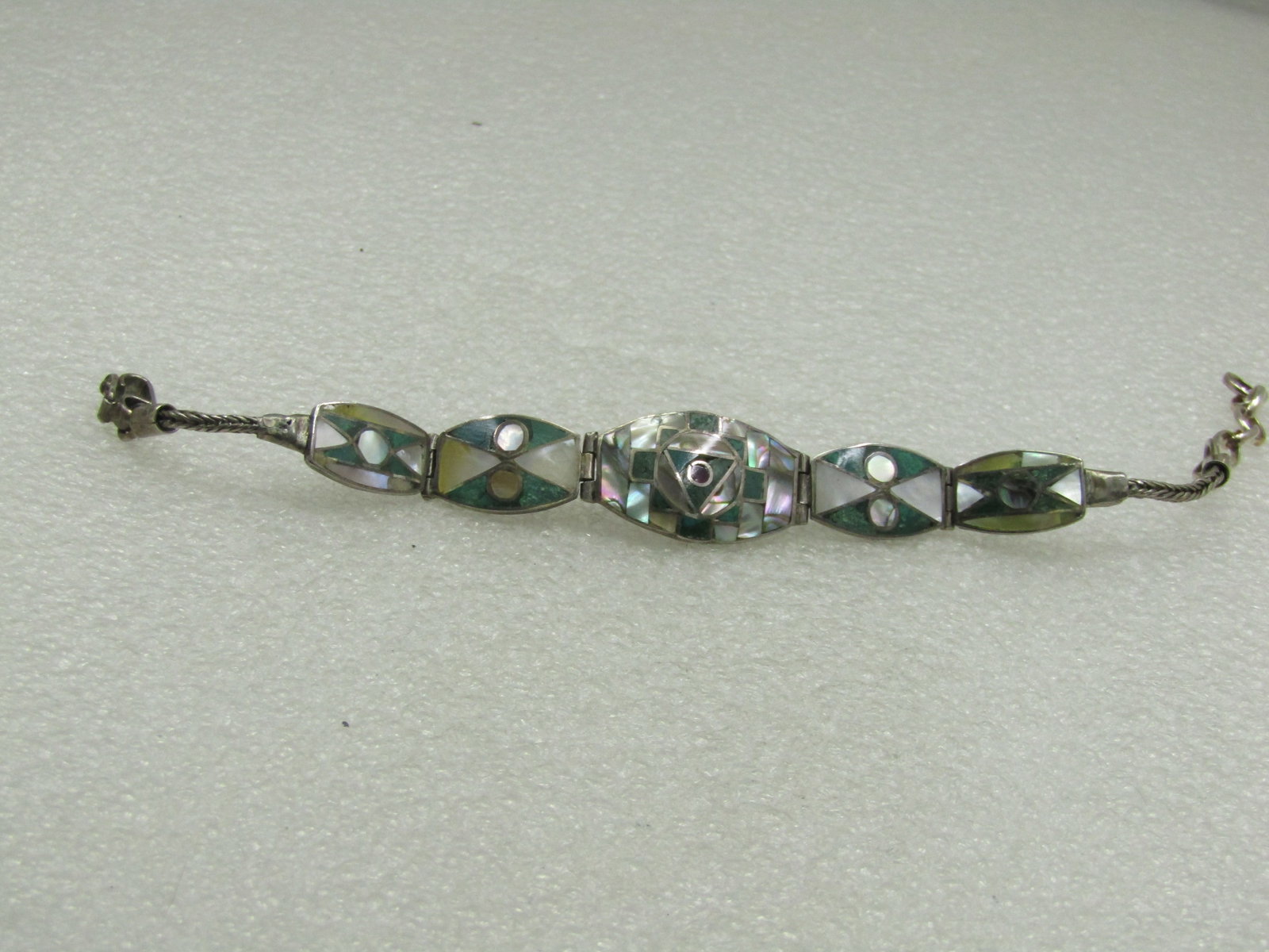 Vintage .950 Silver Southwestern Inlaid Sugalite, Marcasite, MOP, Abalone Bracelet, - 3
