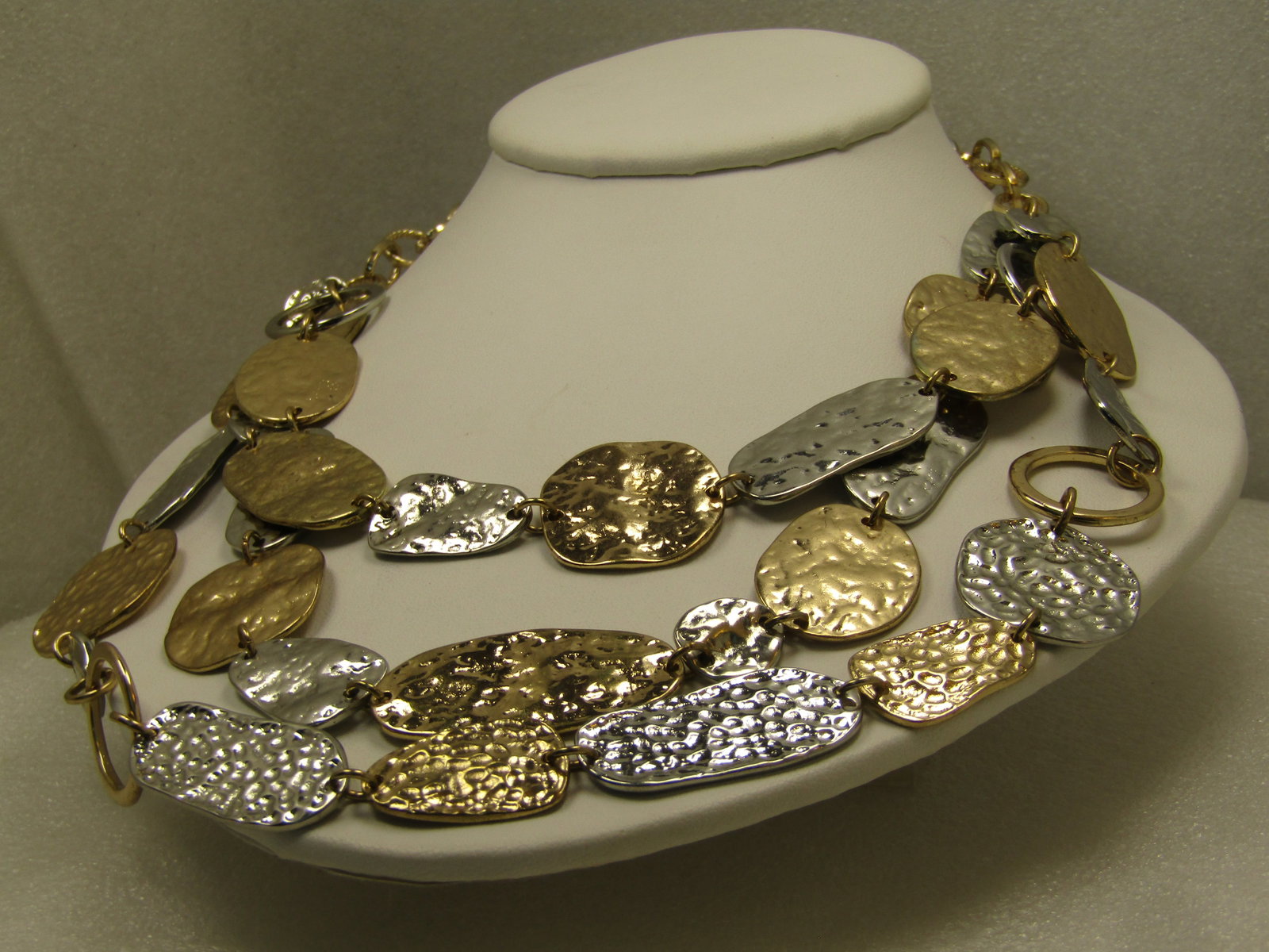 Vintage Triple Drop Hammered Link Necklace, Two-Tone, 1980's, 24" - 2