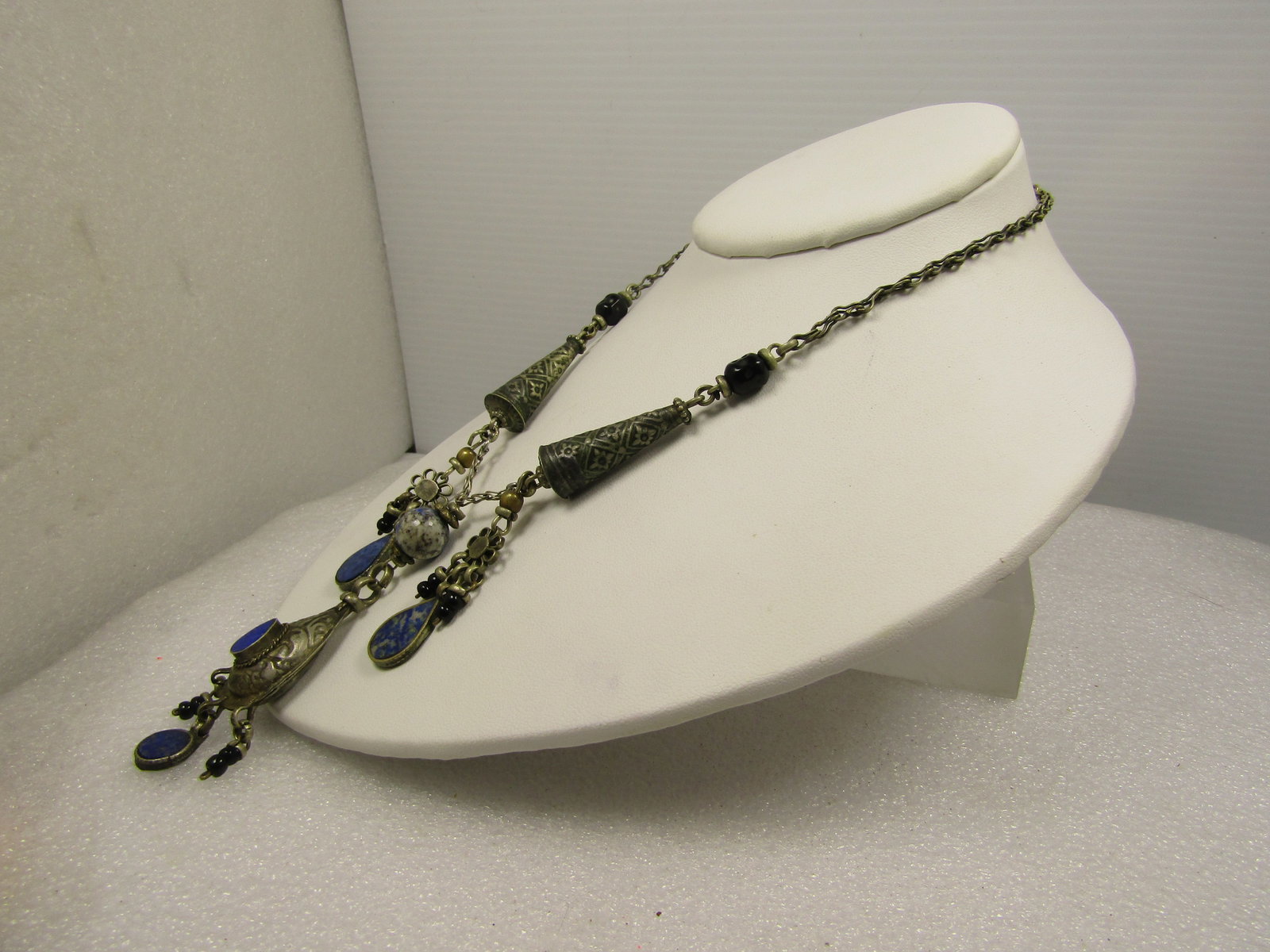 Vintage Sodalite Onyx Dangle Necklace, 15", Afghan/Berber/Etnic Appeal, 1940's-1960's - 2