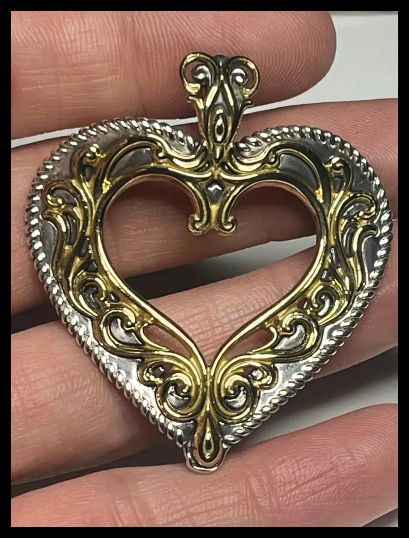 Carolyn Pollack Sterling Silver & Brass Filigree Heart Pendant Enhancer - 8