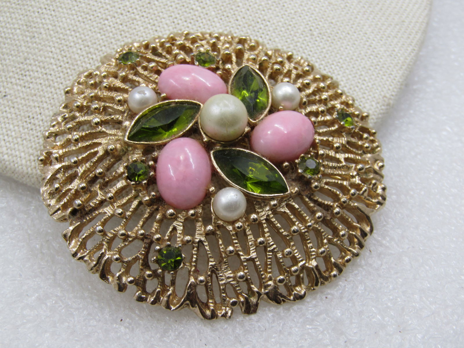 Vintage Pink, Faux Pearl, & Green Rhinestone Brooch, 2.25", Sarah Coventry, 1970's - 2