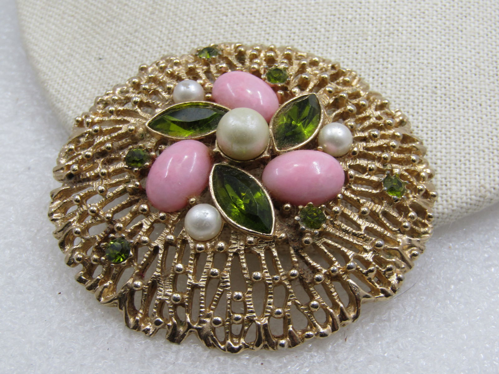 Vintage Pink, Faux Pearl, & Green Rhinestone Brooch, 2.25", Sarah Coventry, 1970's - 3