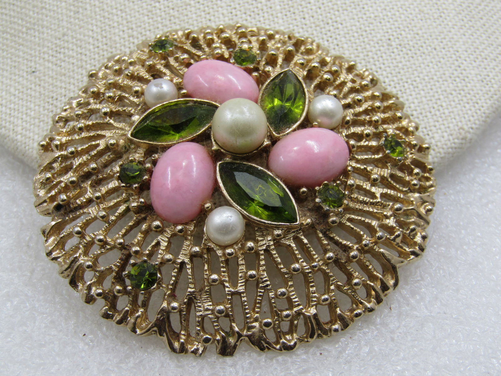 Vintage Pink, Faux Pearl, & Green Rhinestone Brooch, 2.25", Sarah Coventry, 1970's - 4
