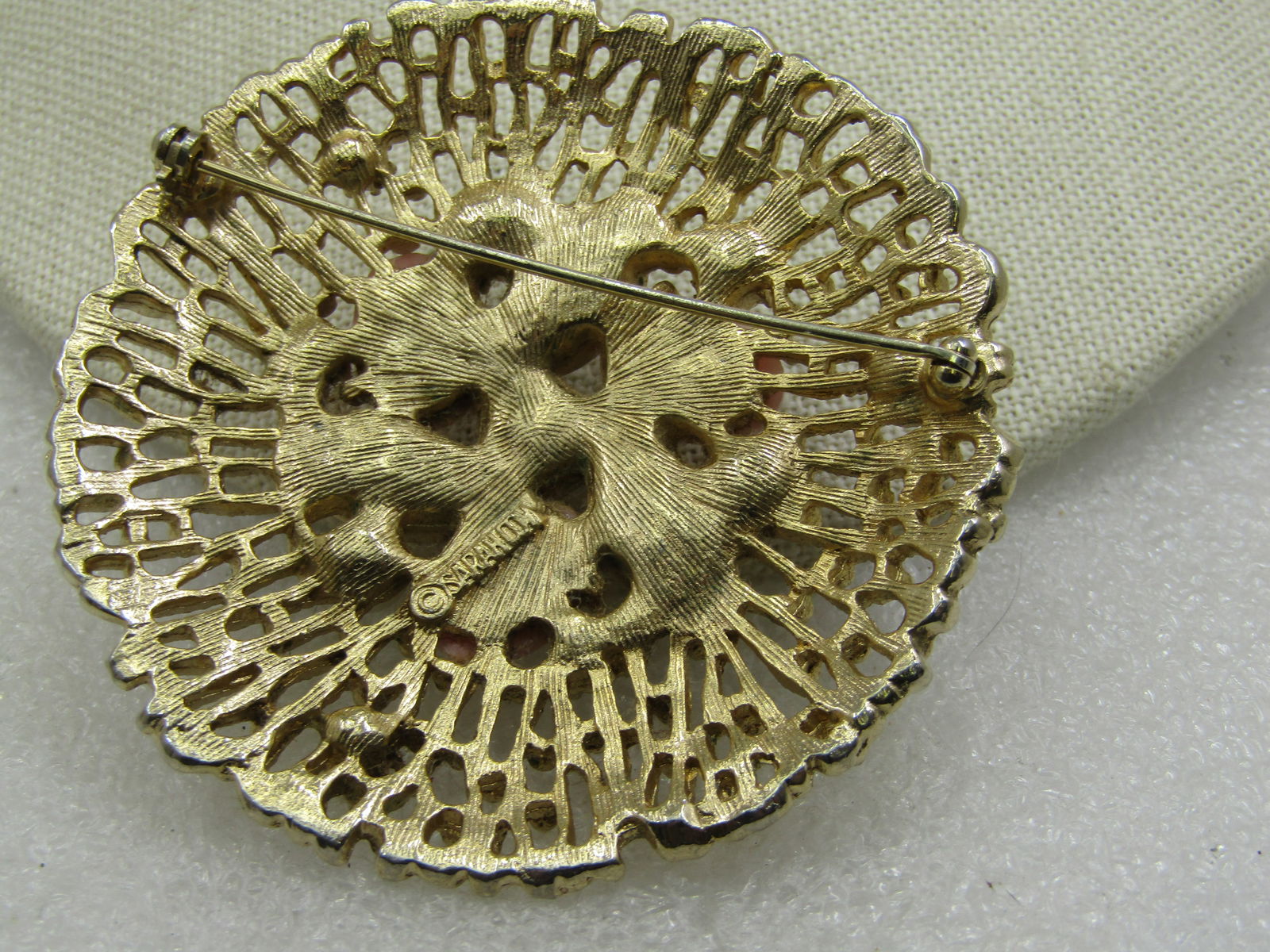 Vintage Pink, Faux Pearl, & Green Rhinestone Brooch, 2.25", Sarah Coventry, 1970's - 5