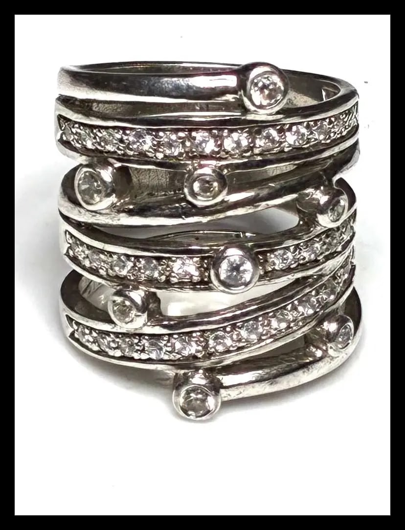 Estate Multi Band Bezel & Pave Sterling SIlver Cocktail Statement Ring - 2