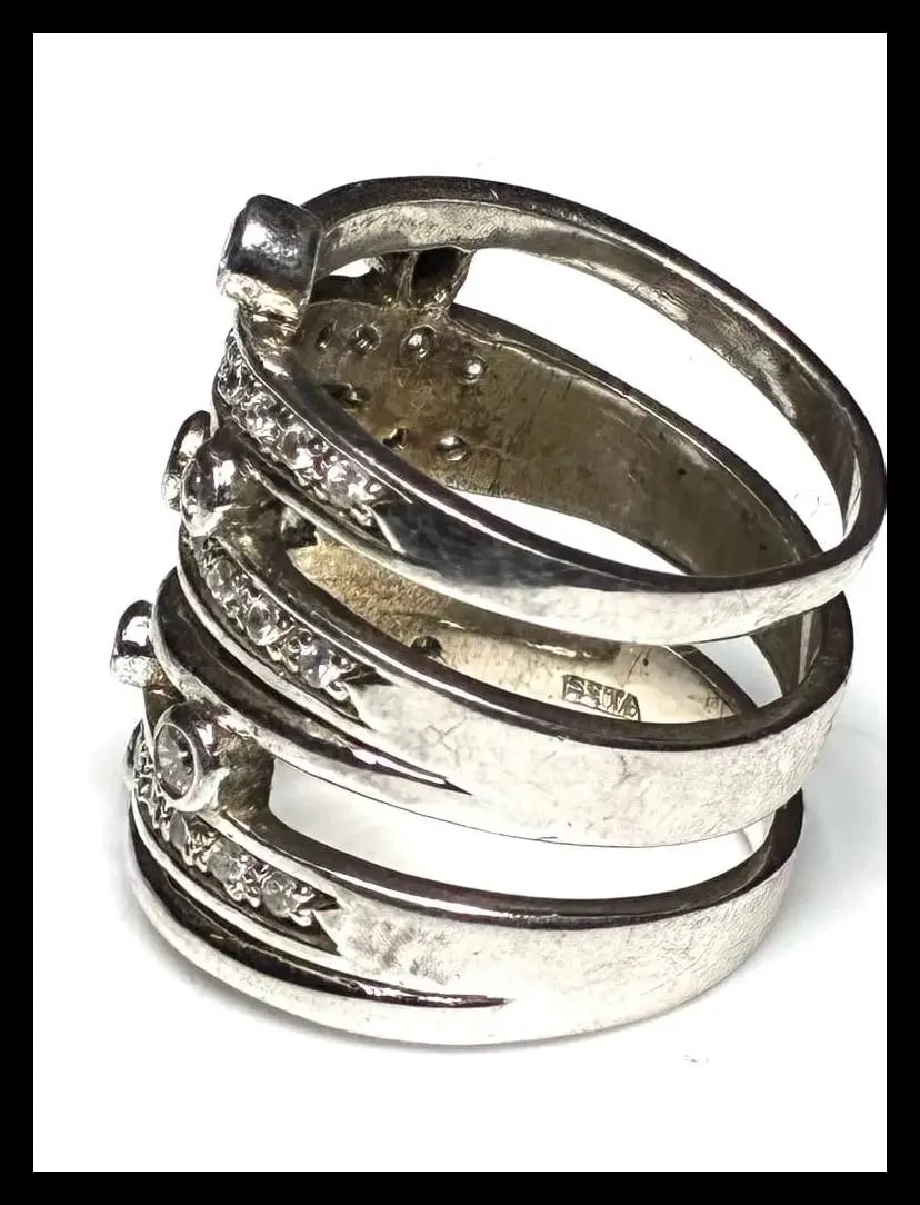 Estate Multi Band Bezel & Pave Sterling SIlver Cocktail Statement Ring - 6