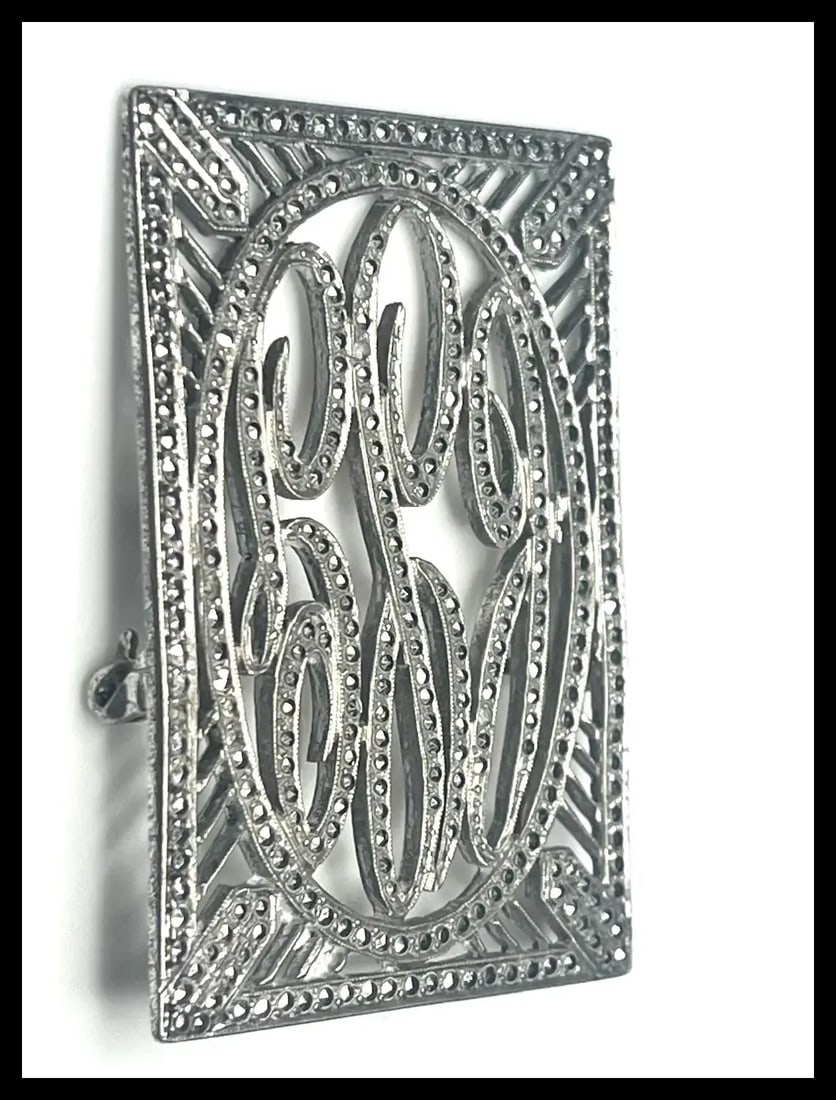 Vintage Marcasite Sterling Silver Initial Brooch - 3