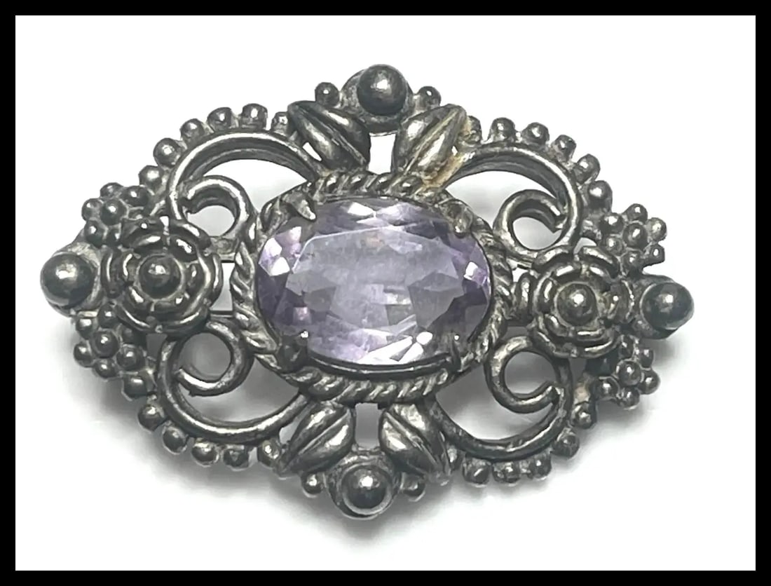 Vintage Silver Amethyst Ornate Floral Filigree Brooch - 2