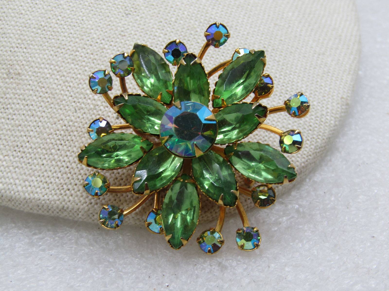 Vintage Green Rhinestone Tiered Blossom Brooch, 2", Aurora Borealis - 2