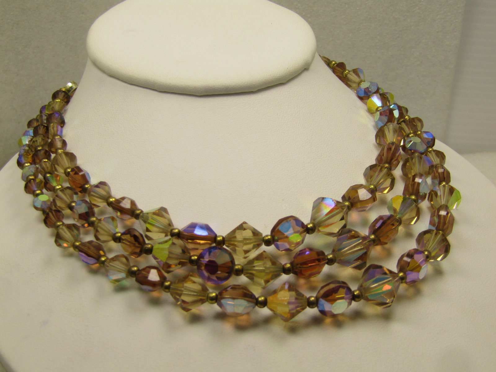 Vintage Triple Strand Brown Crystal Aurora Borealis Necklace, 16", 1950's-1960's. - 3