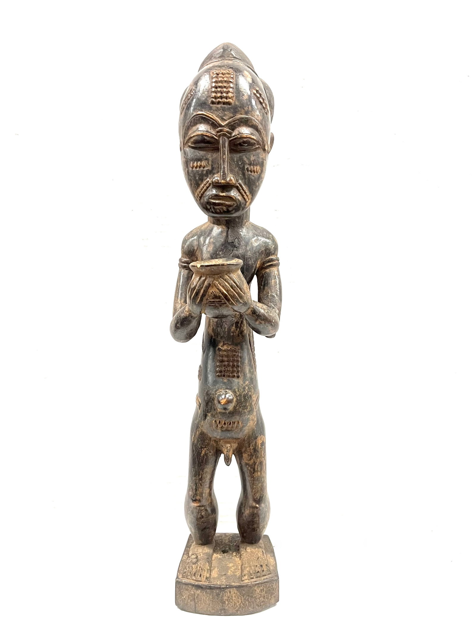 Baule Statue: Title: Baule Statue Date/Period: Late 20th Century Description: African Tribal Art Baule Statue Materials: Wood Size: 22.5'' h x 4.5" w Reserve: $400.00 Shipping: Domestic: Flat-rate of $30.00 to an