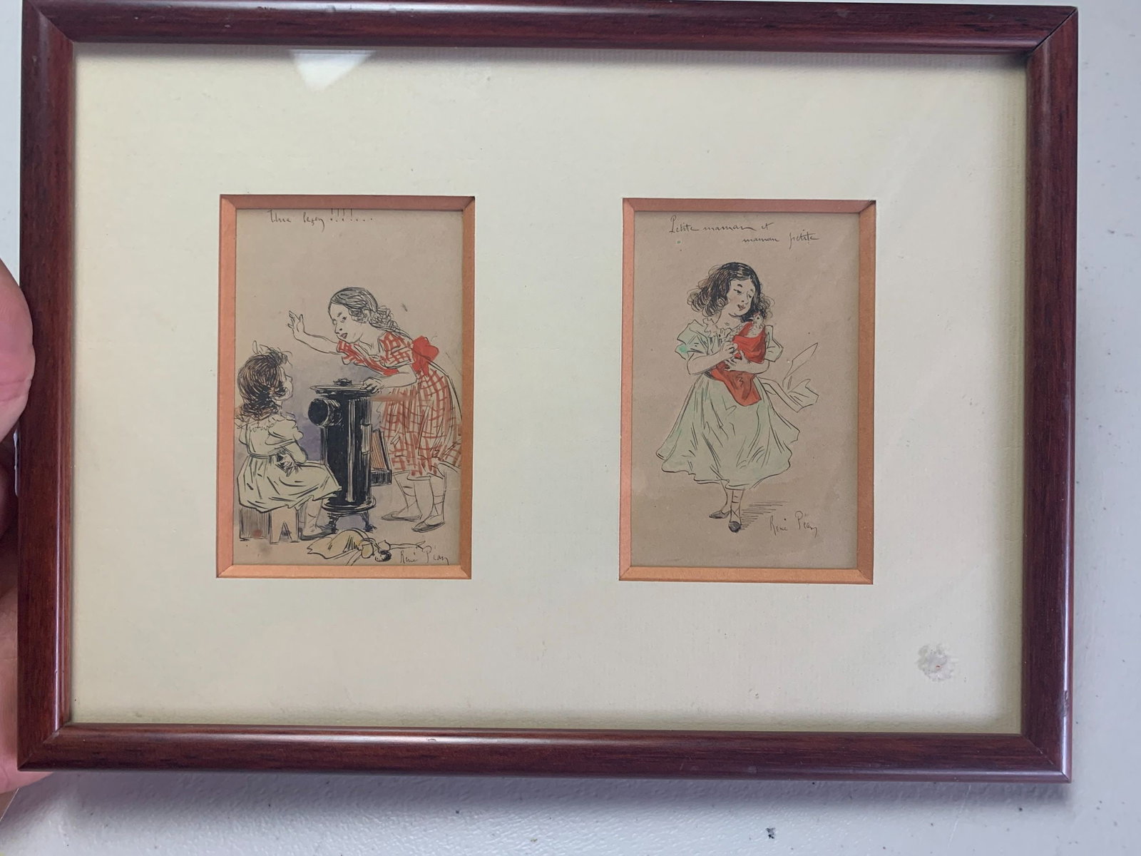 Children Games - Art by R. Pean (1922) 2.5x4 French Original Signed Guache Framed - 4
