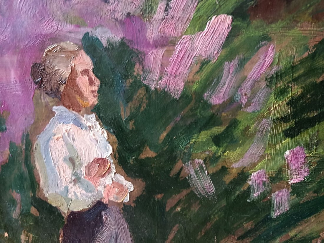 Oil painting The woman looks at the flowers Vasily Khomko - 2