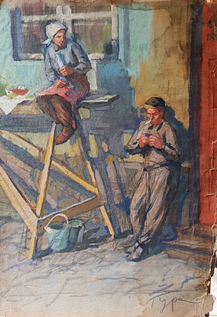 Oil painting Repair in the village Yuriy Gura: Title: Oil painting Repair in the village Yuriy Gura Description: No.Verne 459 *** ABOUT THIS PAINTING *** * TITLE: "Repair in the village" * ARTISTS: Yuriy Gura * SIZE: 70x50 cm/'27.55x19.68 inches'