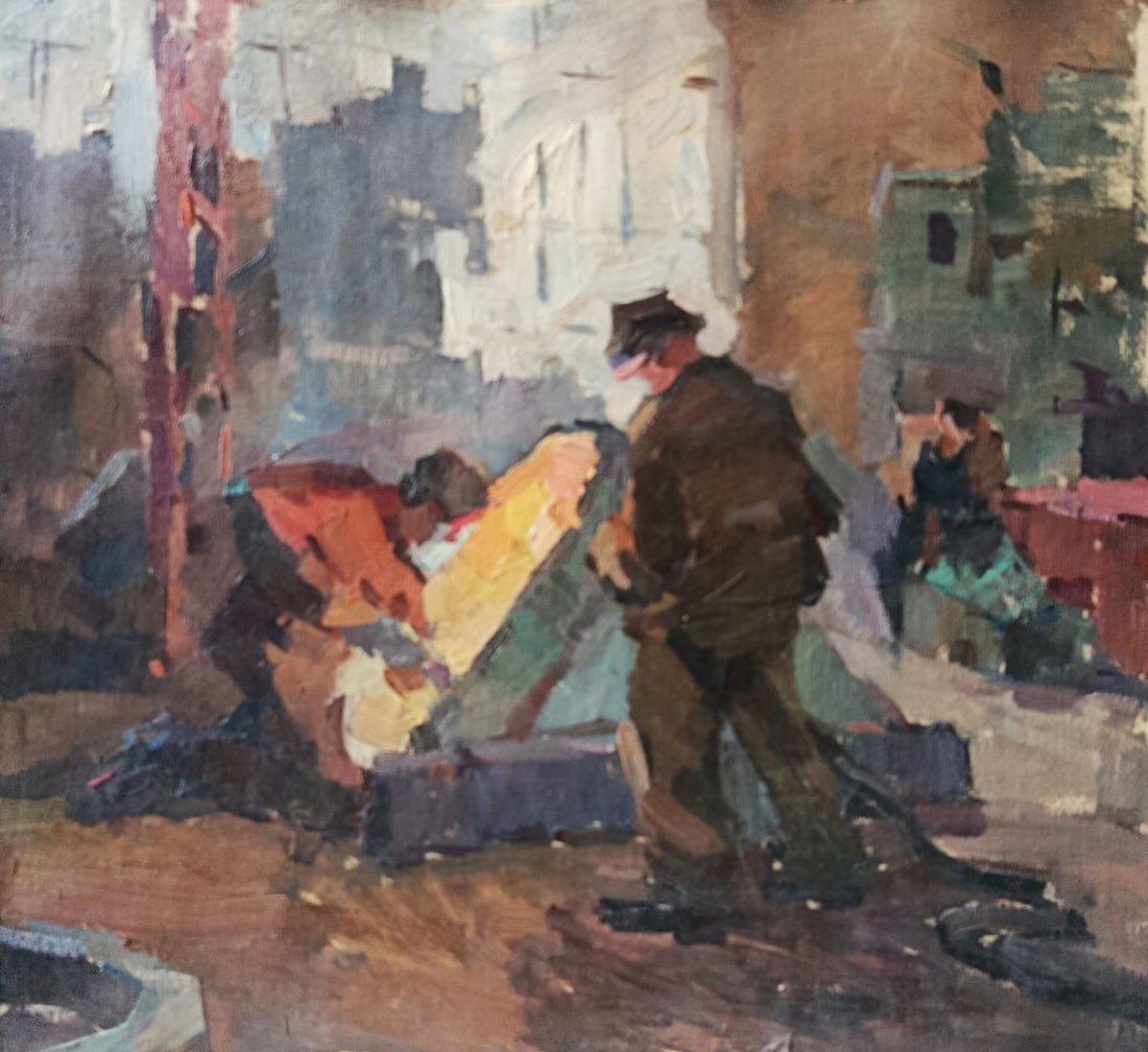 Oil painting Workers at the factory Unknown artist: Title: Oil painting Workers at the factory Unknown artist Description: No.Verne 468 *** ABOUT THIS PAINTING *** * TITLE: "Workers at the factory" * ARTISTS: Unknown artist * SIZE: 58x59 cm/'22.83x23.2