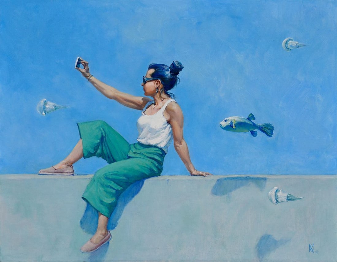 Oil painting Eat fugu fish Oleg Kateryniuk: Title: Oil painting Eat fugu fish Oleg Kateryniuk Description: No.Kat 55The painting titled "Eat Fugu Fish" is a fascinating blend of surrealism and contemporary commentary. At first glance, the artwo