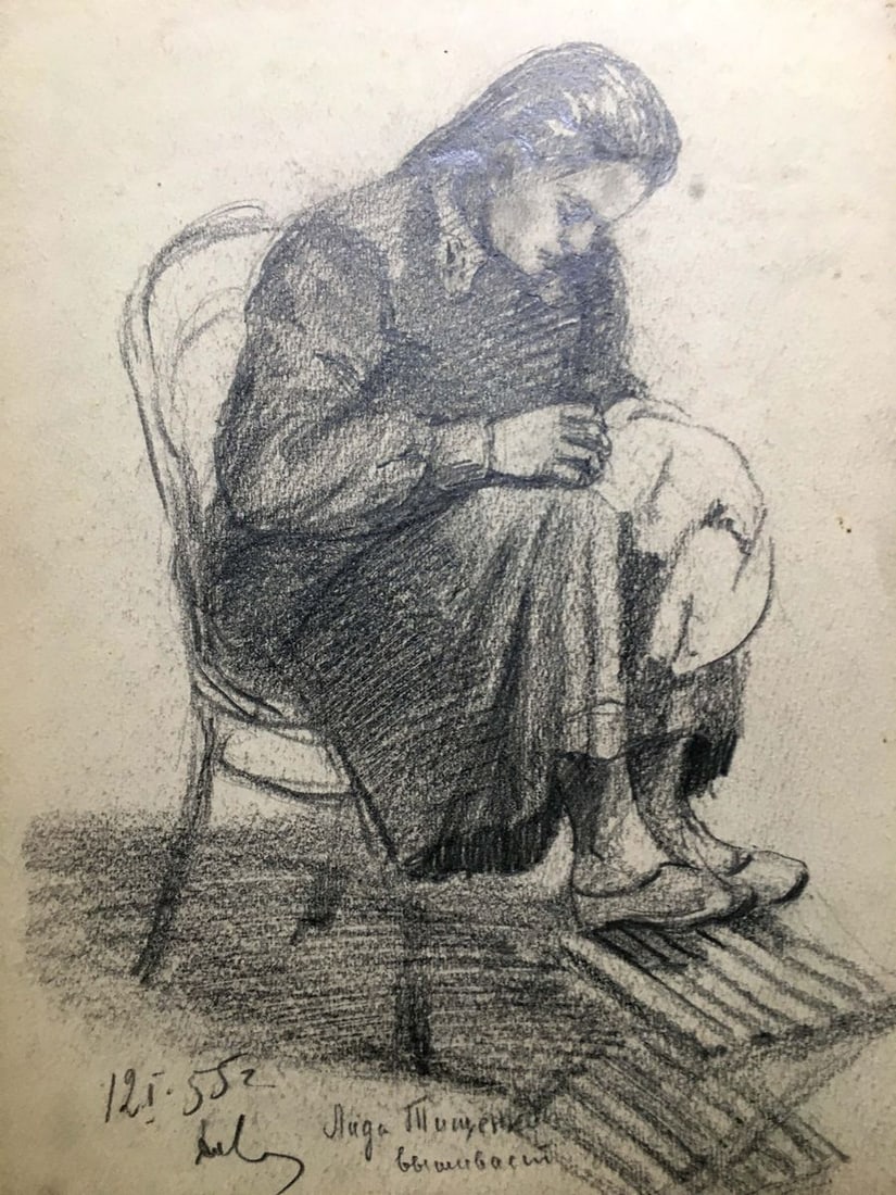 Pencil painting Girl at the sewing Dmitry Lednev - 2