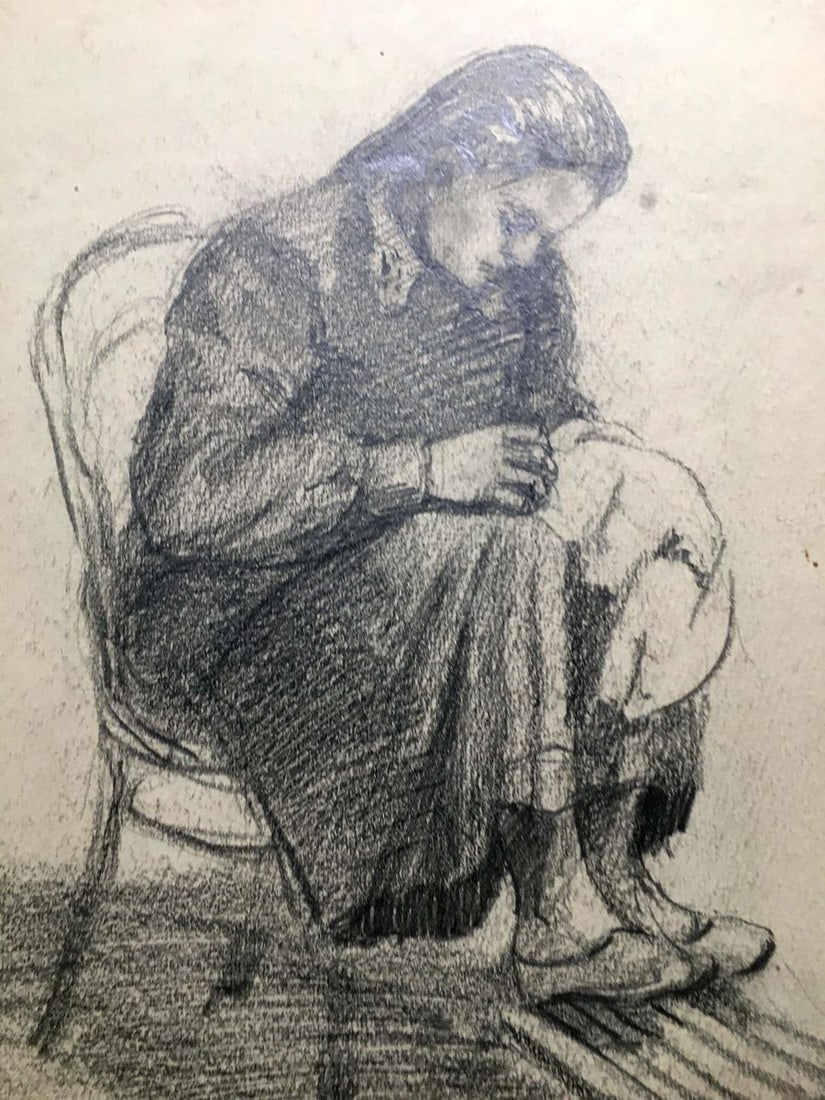 Pencil painting Girl at the sewing Dmitry Lednev - 3