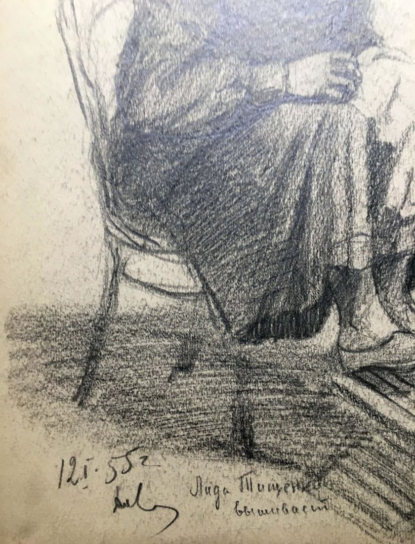 Pencil painting Girl at the sewing Dmitry Lednev - 5