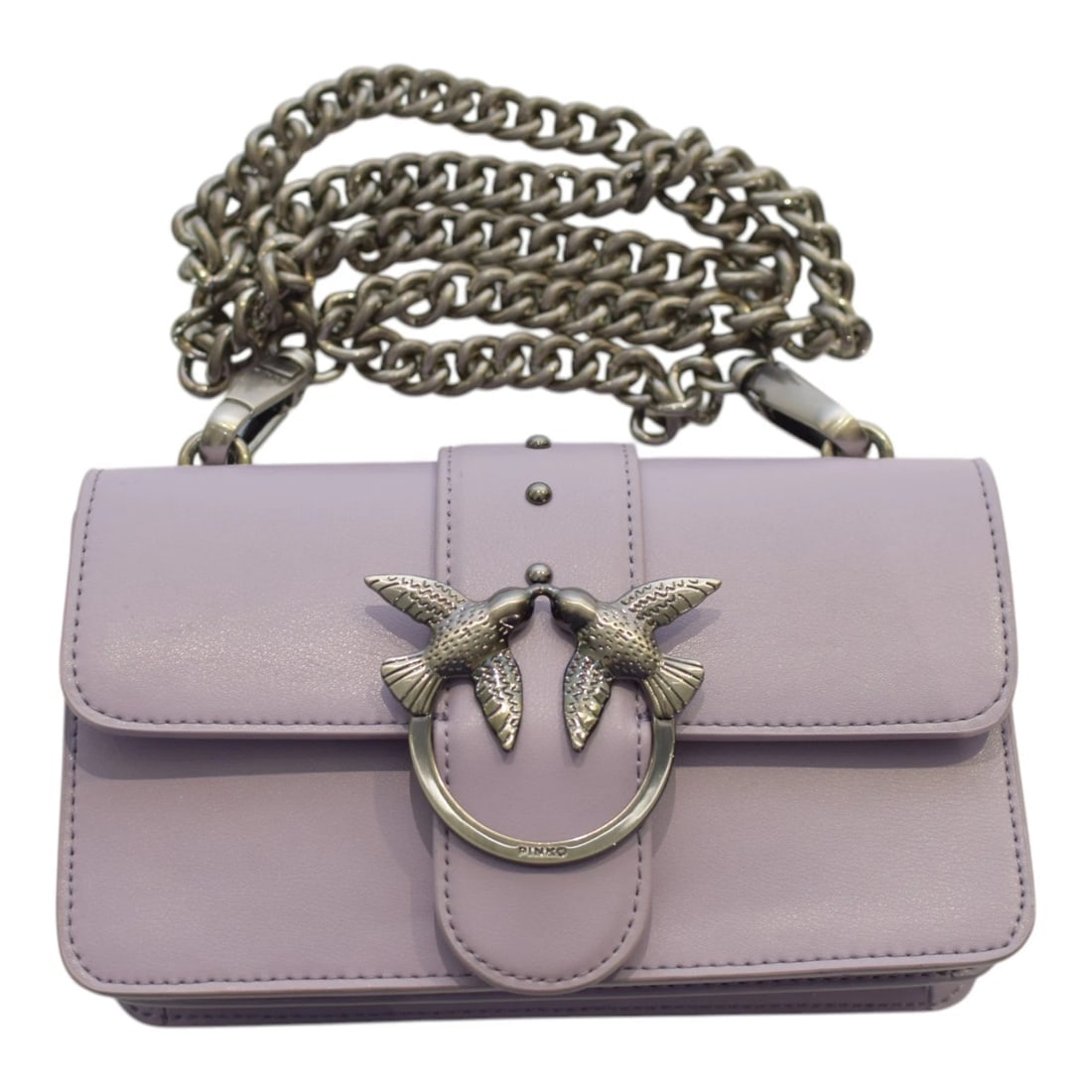 Pinko Love One Mini C Bag – Lilac Leather with Chain Strap & Bird Buckle - 11