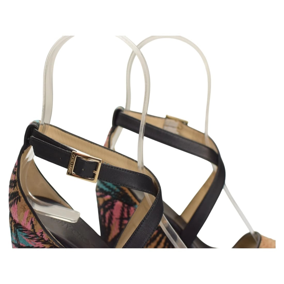 Jimmy Choo Black Leather and Palm Embroidered Cork Portia Wedge Sandals Size 39 - 10