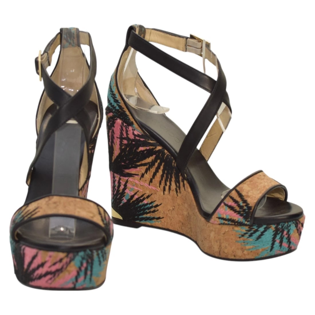 Jimmy Choo Black Leather and Palm Embroidered Cork Portia Wedge Sandals Size 39: Title:Jimmy Choo Black Leather and Palm Embroidered Cork Portia Wedge Sandals Size 39Description:Jimmy Choo Black Leather and Palm Embroidered Cork Portia Wedge Sandals Size 39 Jimmy Choo presents
