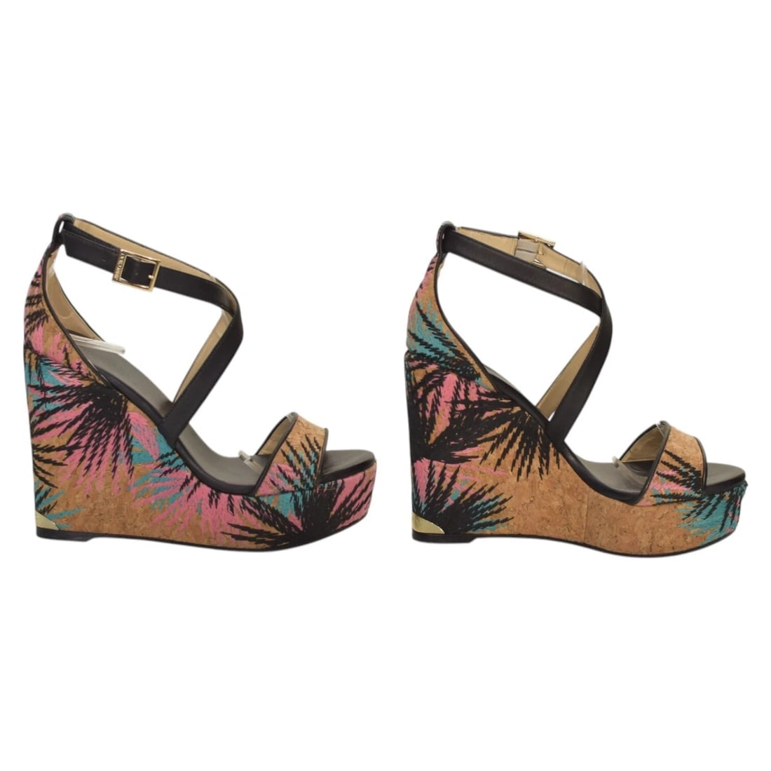 Jimmy Choo Black Leather and Palm Embroidered Cork Portia Wedge Sandals Size 39 - 2