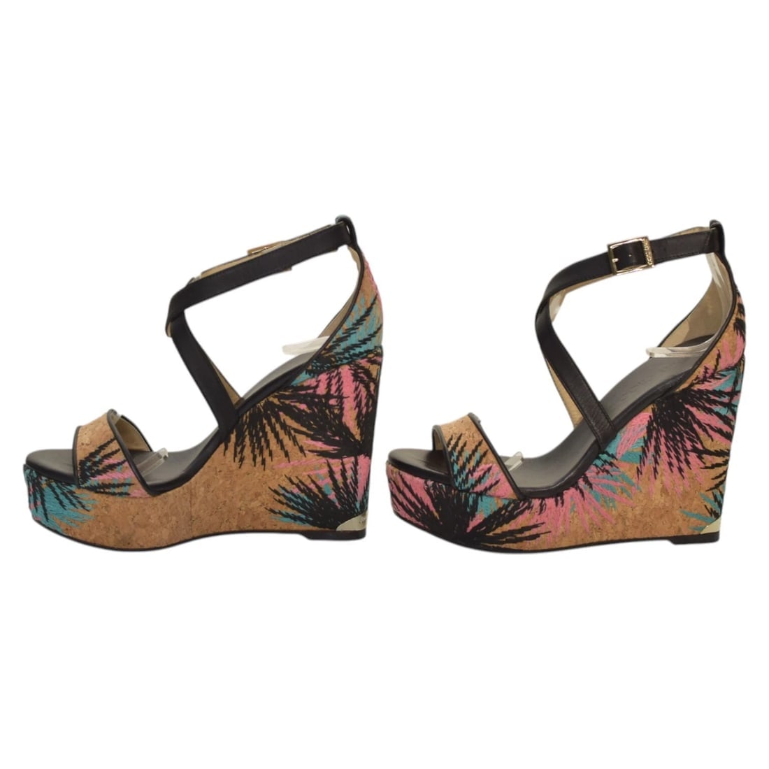 Jimmy Choo Black Leather and Palm Embroidered Cork Portia Wedge Sandals Size 39 - 3