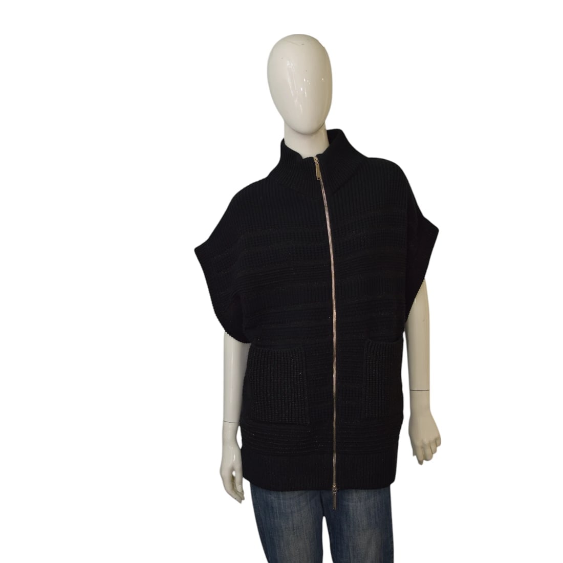 Elisabetta Franchi Black Gray Knit Gillet Vest Top Cardigan Zipper front sz 44: Title:Elisabetta Franchi Black Gray Knit Gillet Vest Top Cardigan Zipper front sz 44 Description:Temperley Black Silk Knit Beige Gold Crochet Bib Long Sleeves Mini Dress size L Elisabetta Franchi Blac