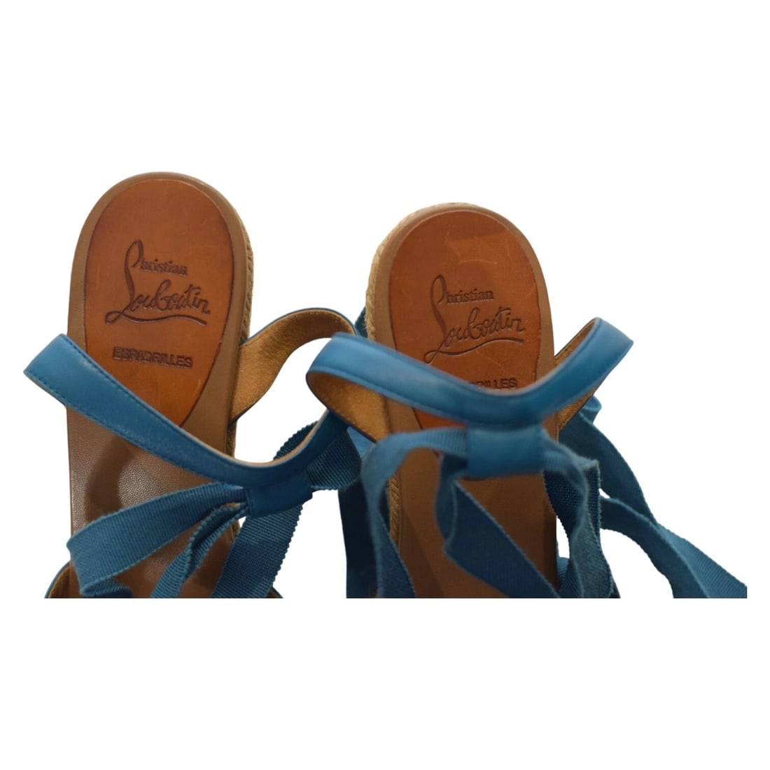 Christian Louboutin Blue Leather Fabric Ankle Tie Up Espadrille Wedge Sandals 9 - 10