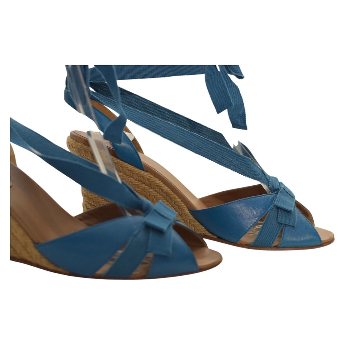 Christian Louboutin Blue Leather Fabric Ankle Tie Up Espadrille Wedge Sandals 9 - 7
