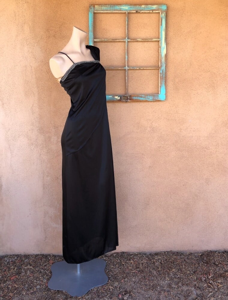 Vintage 1970s Black Maxi Dress Disco Goddess Gown Sz M - 3