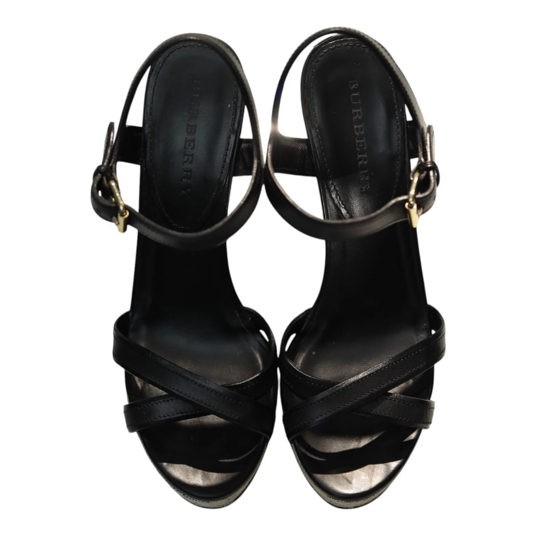 Burberry Black Leather Signature Check Wedges Platform Strappy Sandals Shoes 40 - 6