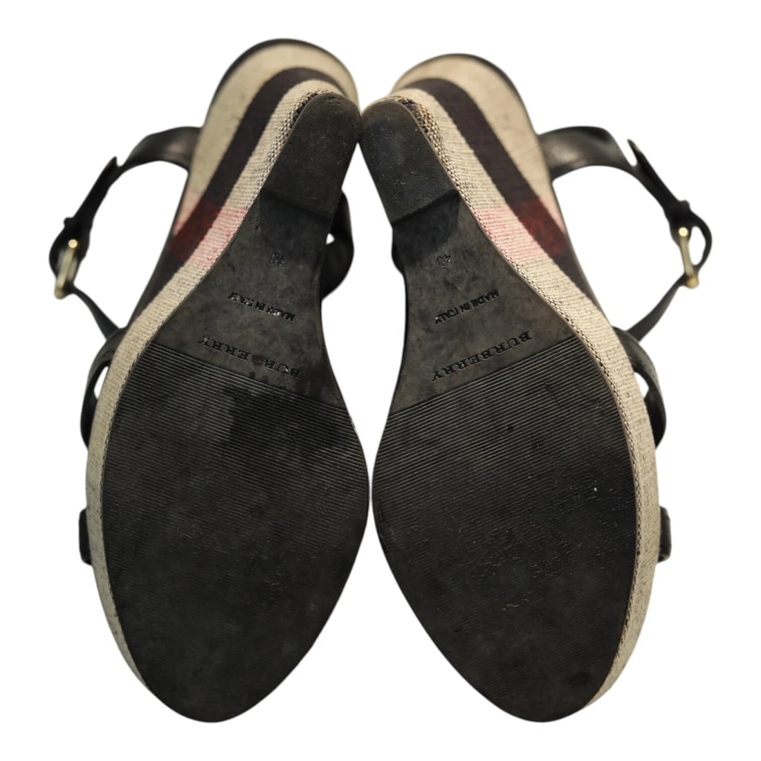 Burberry Black Leather Signature Check Wedges Platform Strappy Sandals Shoes 40 - 7