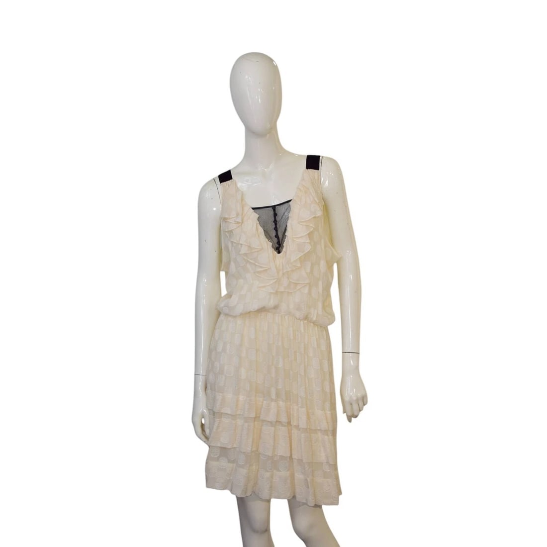 Derek Lam Ivory Silk Embroidered Sleeveless Ruffled Tiered Mini Dress size 40: Title:Derek Lam Ivory Silk Embroidered Sleeveless Ruffled Tiered Mini Dress size 40 Description:Temperley Black Silk Knit Beige Gold Crochet Bib Long Sleeves Mini Dress size L Derek Lam Ivory Silk Emb